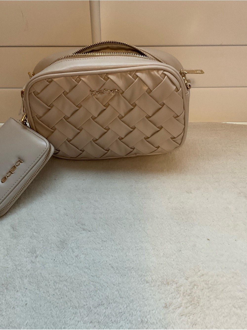 bebe Beige Woven Crossbody Bag with Matching Wallet